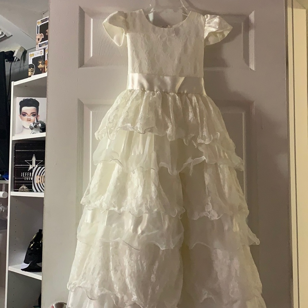 Girls Pearl White Flower Girl Dress